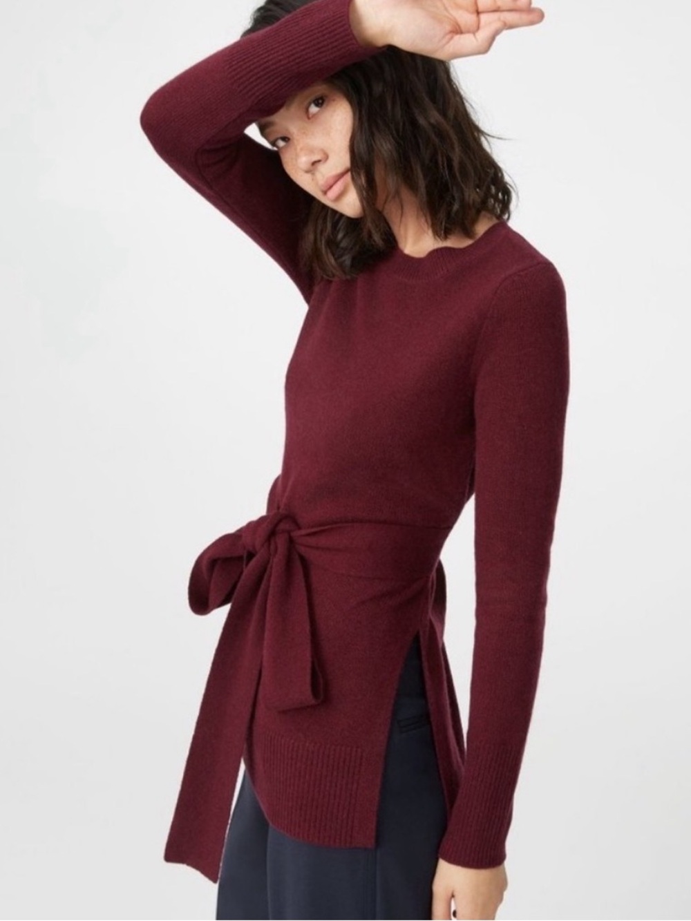 CLUB MONACO Maroon 100% Cashmere Knit Split Hem Belted Luxury Sweater Medium